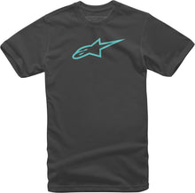 Load image into Gallery viewer, Alpine Star Ageless Tee in black and turquoise, XL size, displayed flat showing front view and color details.