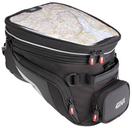 GIVI Tanklock tankbag with expandable 15-23L capacity, mounted on motorcycle fuel tank, featuring secure straps and clear visibility.