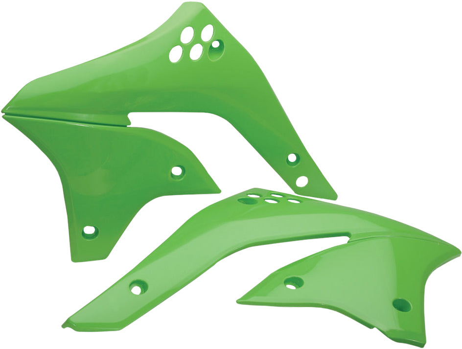 Green Acerbis radiator shrouds for motorcycles, featuring brand logo and aerodynamic design, mounted on a bike frame.
