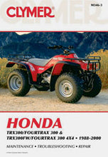 Load image into Gallery viewer, Clymer repair manual for Honda TRX300, showing detailed pages and diagrams for engine and maintenance procedures.