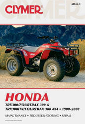 Clymer Hon TRX300 repair manual showing detailed illustrations and step-by-step instructions for motorcycle maintenance.