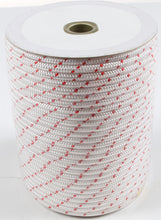 Load image into Gallery viewer, SP1 nylon starter rope in white and red, 3/16 inch by 250 feet, used as climbing or safety accessory, polyester material.