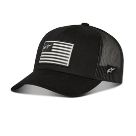 Alpine Star black snapback hat with flag logo, adjustable size, featuring a classic baseball cap style and embroidered branding.
