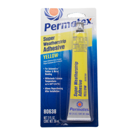 Permatex Super Weather Strip Adhesive 2oz tube, a chemical sealant for weatherproofing and bonding rubber and automotive seals.
