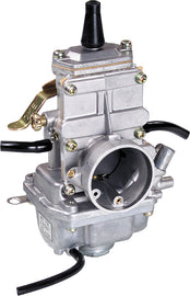 Mikuni TM flat slide carburetor 28mm for motorcycle fuel intake system, shown with metal body and mounting components.