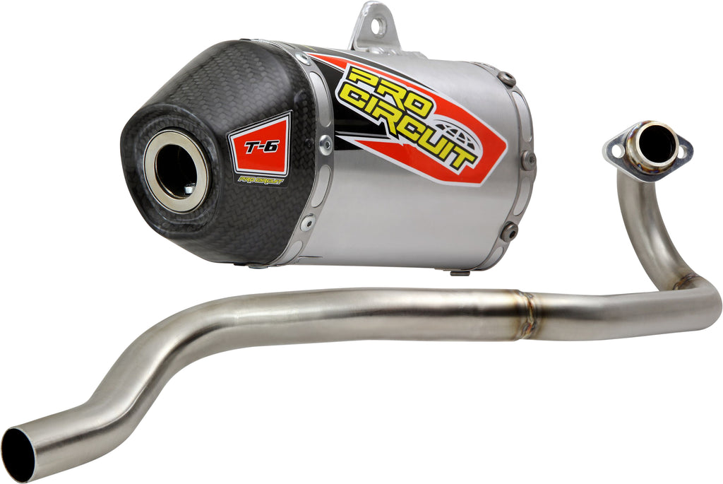 Pro Circuit T-6 exhaust system with carbon cap for motocross bikes, showcasing the sleek chrome and carbon fiber accents.