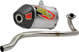 Pro Circuit T-6 exhaust system with carbon cap for motocross bikes, showcasing the sleek chrome and carbon fiber accents.