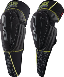 EVS TP199 knee guards in black and hi-vis colors, size small/medium, with protective padding for sports or outdoor activities.