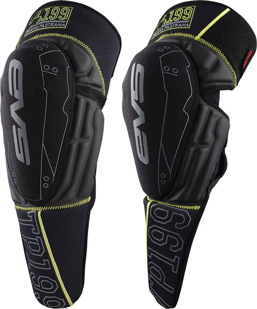 EVS TP199 knee guards in black and hi-vis colors, size large/extra large, showing padded knee protection with adjustable straps.