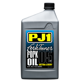 PJ1 Products Fork Tuner Oil 5W 32oz bottle, a mechanical oil used for motorcycle suspension maintenance.