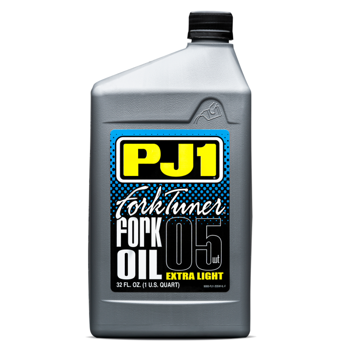 PJ1 Products Fork Tuner Oil 5W, 32oz bottle, used for motorcycle suspension maintenance, with a clear label and cap.