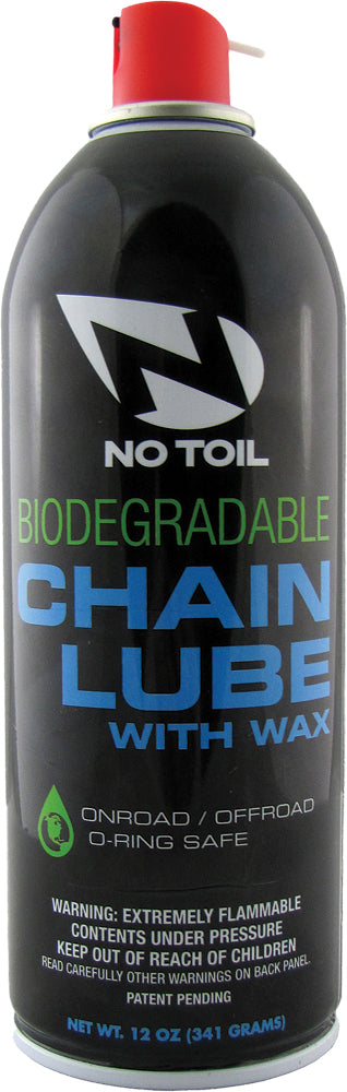 No Toil biodegradable chain lube with wax in a 12oz bottle, used for bike chains and lubrication, shown in the image.