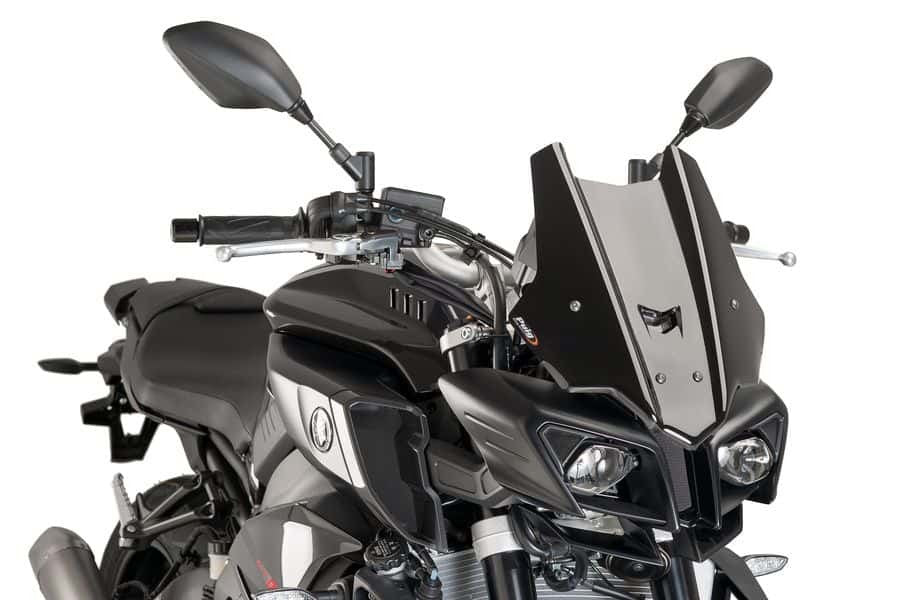 PUIG touring black motorcycle windscreen, model Yam 561-08917BK, mounted on a bike, designed for wind protection and style.