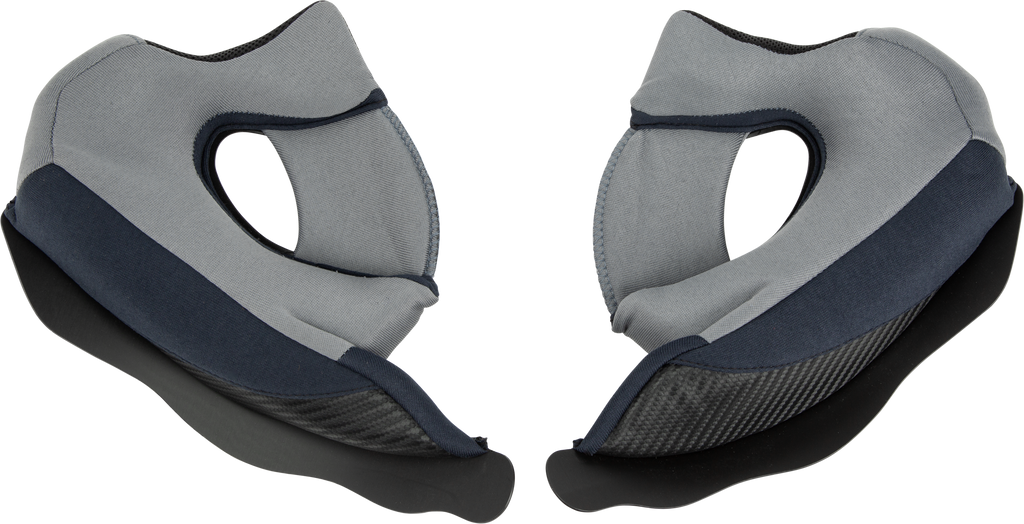 Fly Racing Odyssey Cheek Pads in grey and black, motorcycle helmet padding, showing close-up of the cushioned interior.
