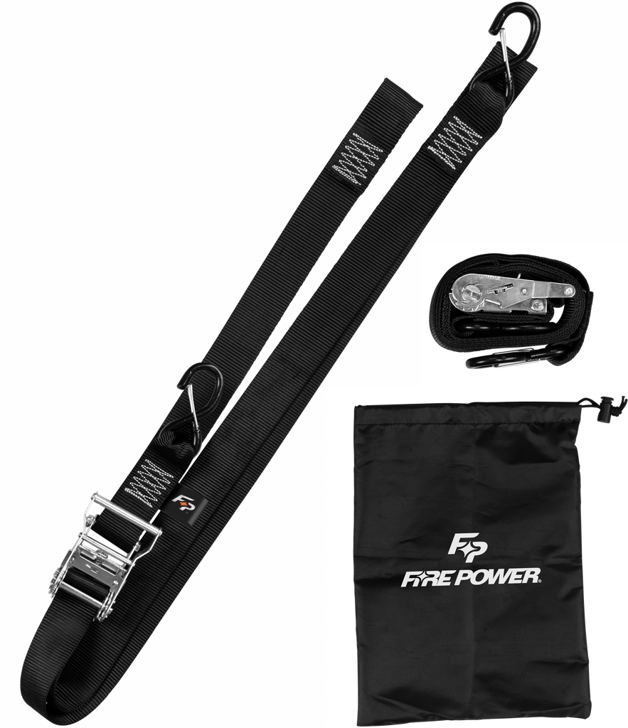 Fire Power 2-inch black tie-down ratchet with soft-tie and 8-foot strap, shown in a close-up image of the 2-pack.