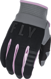 Fly Racing youth F-16 gloves in grey, black, and pink, featuring breathable fabric and secure wrist closure.