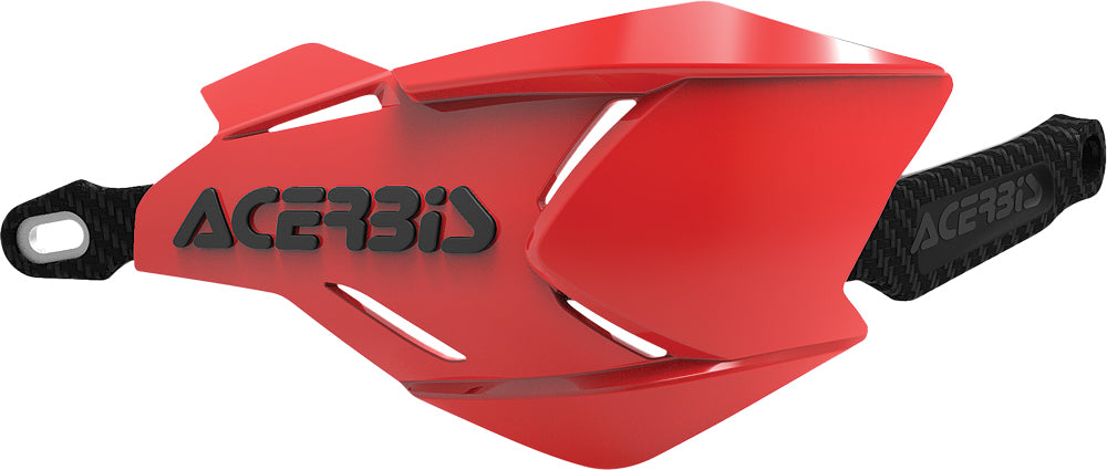 Acerbis X-Factory handguard in red and black with mounting hardware, designed for motorcycle protection and style.