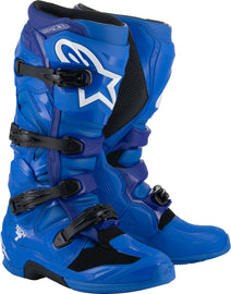 Alpine Star Tech 7 motocross boots in blue, size 7, with sturdy construction and protective features for off-road riding.