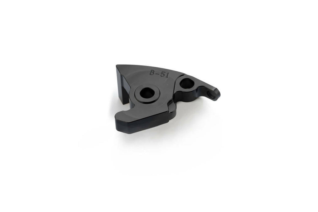 Black PUIG lever adapter brake for motorcycle, showing the sleek, compact lever with mounting hardware on a white background.