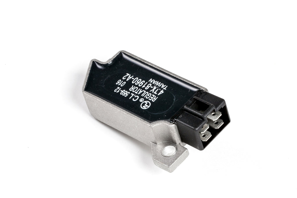 Ricks Motorsport Electric regulator and rectifier for motorcycle electrical systems, with metal mounting plate and electrical connectors