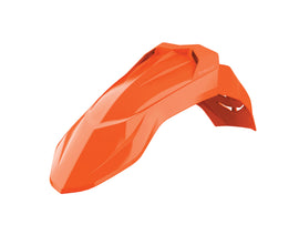 Polisport Plastics universal front fender in bright orange with mounting bracket, designed for motorcycle or dirt bike use.