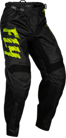 Fly Racing Youth F-16 Pants in black, neon green, and light grey, showing the motocross riding pants with reinforced panels.