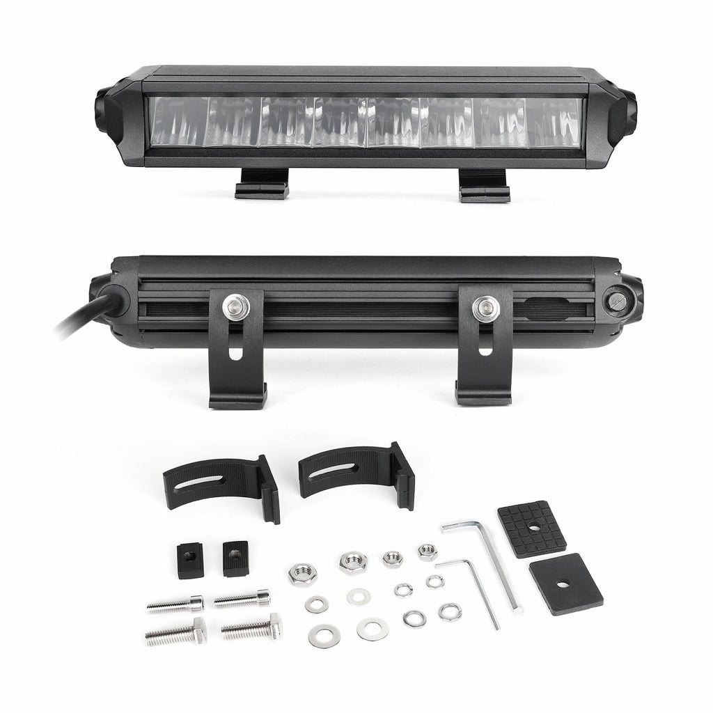 XK Glow 10-inch Razor Light Bar Aux High Beam illumination with sleek black housing and mounting brackets, no wiring harness included.