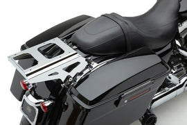 Chrome Cobra Detach 2-Up Tour Pack Mount for Harley FLH/Flt 09-13, body view showing mounting hardware and chrome finish.
