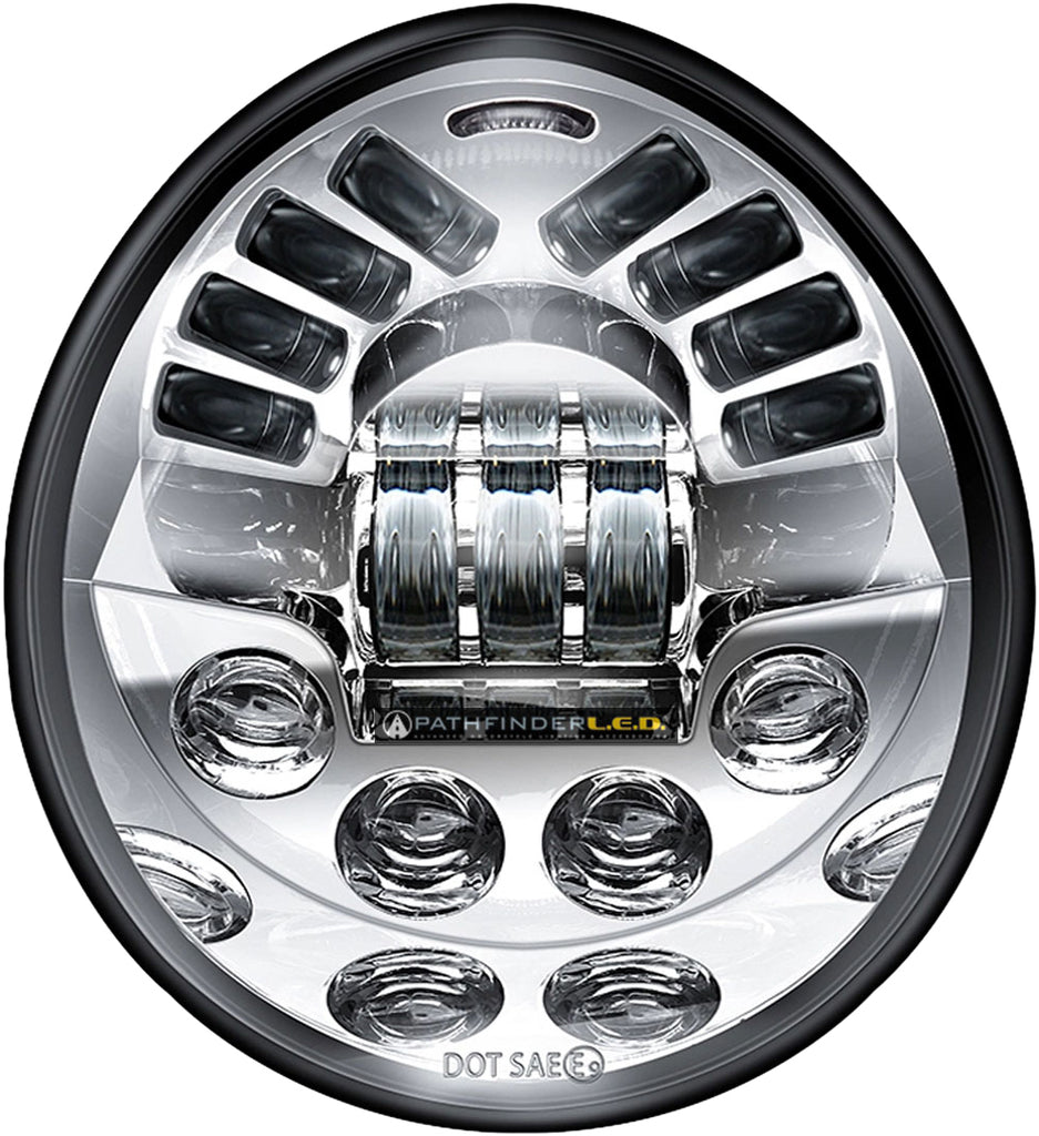 Pathfinder V-Rod chrome headlight for motorcycle illumination, featuring a round shape with a polished chrome finish.