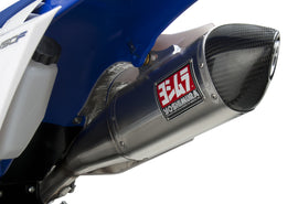Yoshimura RS-4 exhaust system with stainless steel, aluminum, and carbon fiber end cap, featuring header, canister, and end cap components.