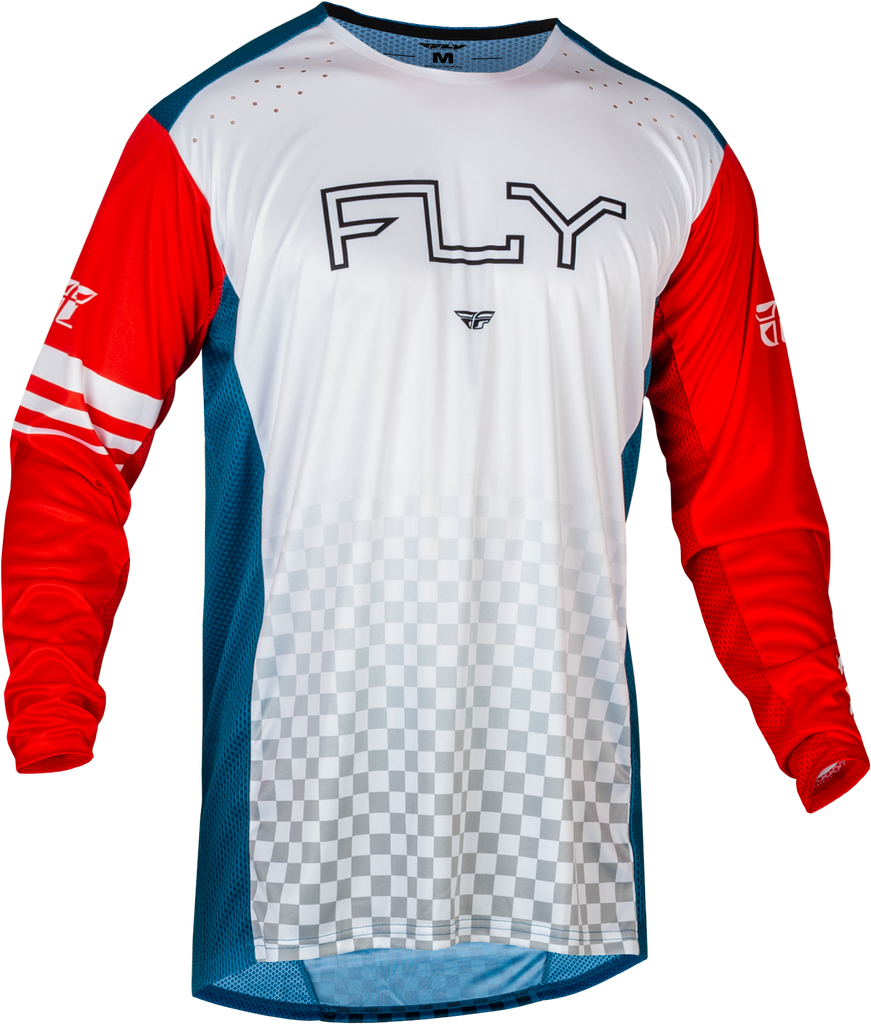 Fly Racing Youth Rayce bicycle jersey in red, white, and blue with a sporty design, suitable for young cyclists.