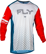 Load image into Gallery viewer, Fly Racing Youth Rayce bicycle jersey in red, white, and blue with a sporty design, suitable for young cyclists.