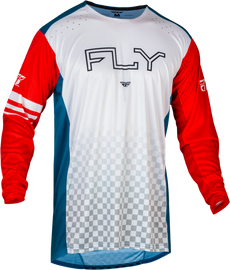 Fly Racing Rayce bicycle jersey in red, white, and blue, size large, featuring lightweight, breathable fabric and cycling design.