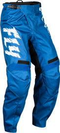 Fly Racing Youth F-16 pants in True Blue and White, size 24, showing durable fabric and sporty design for motocross riding.