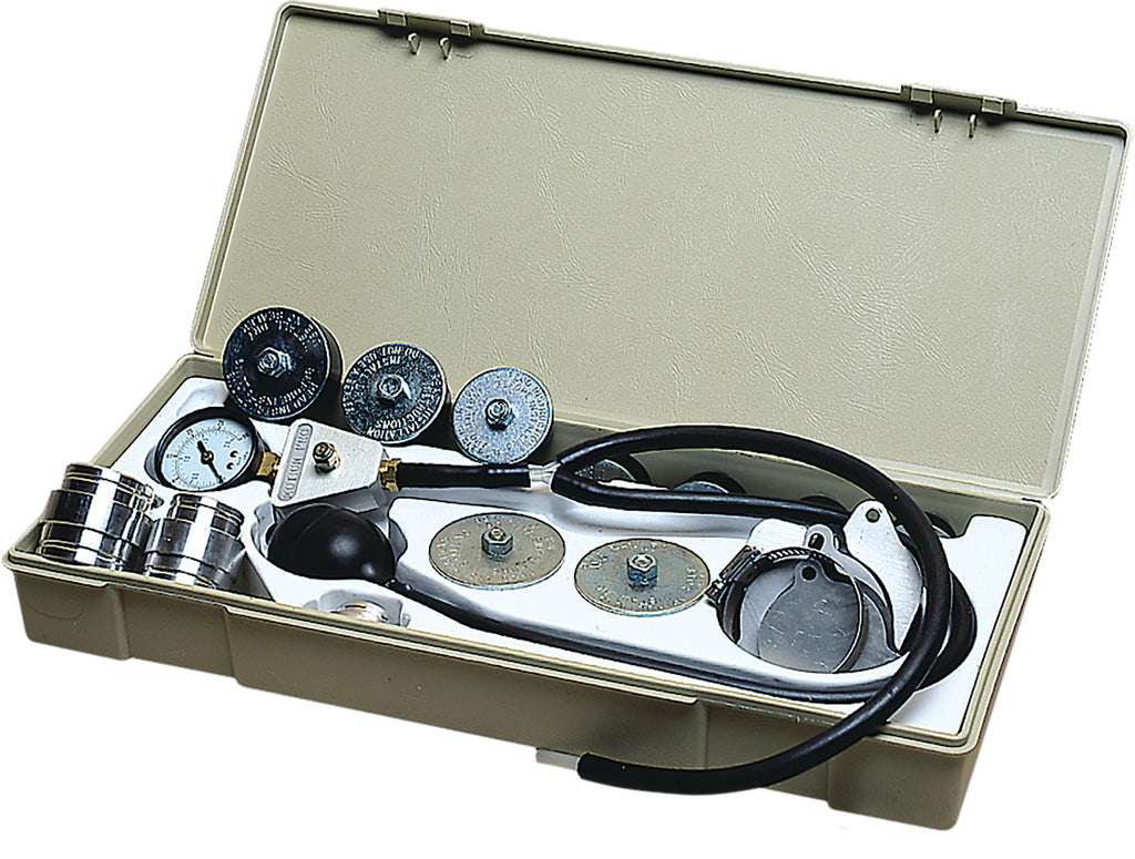 Motion Pro 2-Cycle Leak Down Tester tool for automotive engines, showing pressure gauge and hose attachments.