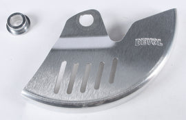 Devol street rear disc guard for motorcycle, black metal with mounting brackets, designed to protect rear disc brake.