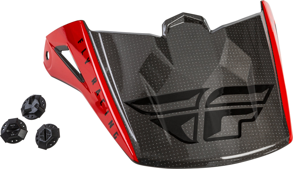 Fly Racing Kinetic Straight Edge visor in red, black, and grey, showcasing a sleek, aerodynamic design for motorcycle helmets.