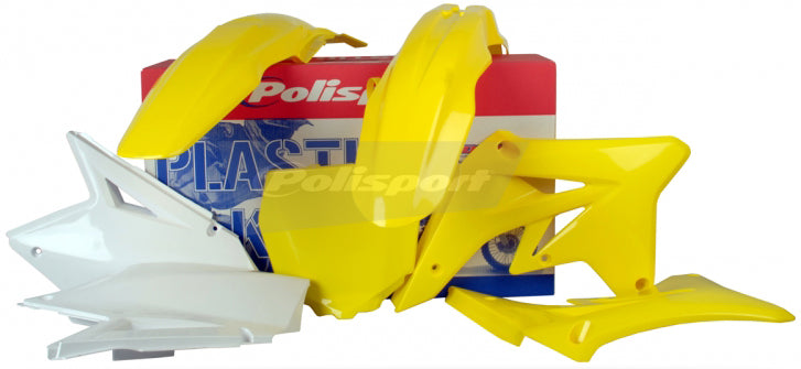 Polisport Plastics yellow plastic body kit for off-road bikes, includes panels and fairings with detailed design.