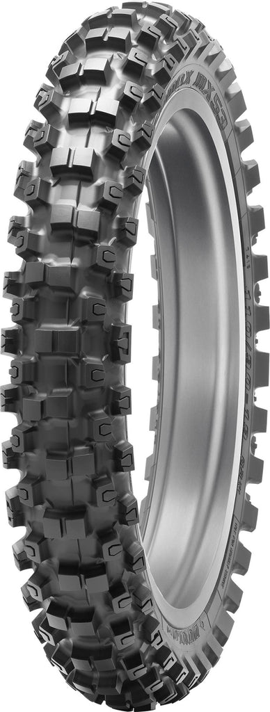 Dunlop Geomax MX53 rear tire, 70/100-10 size, bias ply motorcycle tire with tread pattern designed for off-road use.