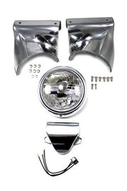 Polished V-TWIN 7-inch headlamp cowl kit for motorcycle lighting, showcasing sleek, shiny metal finish and mounting details.