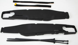 Polisport Plastics black swingarm protectors for motorcycles, showcasing durable plastic covers on a bike's swingarm.