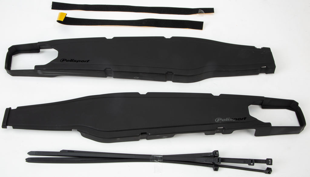 Polisport Plastics black swingarm protectors for motorcycles, with visible mounting points and durable plastic construction.