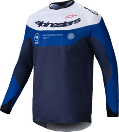 Alpine Star Pro-Dura Jersey in navy, bright blue, and white with logo, featuring breathable fabric and athletic fit.