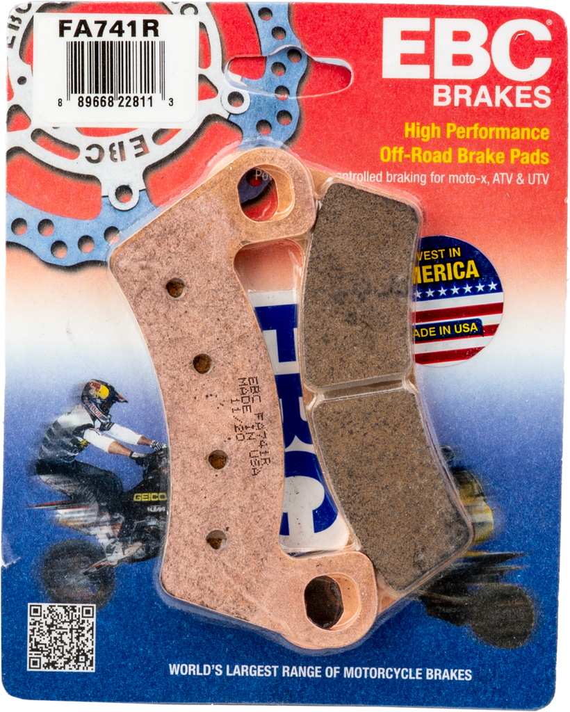 EBC Motorcycle Brakes Fa741r Sintered R Series brake pads shown in a close-up image, highlighting their structure and branding.