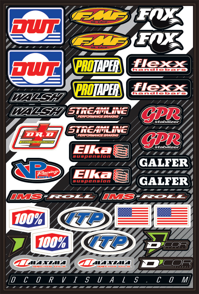 DCOR ATV decal sheet with various graphic stickers in black and white for off-road vehicle customization.