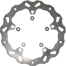 GALFER 320mm solid front disc brake rotor with wave design, mounted on motorcycle wheel for optimal stopping power.