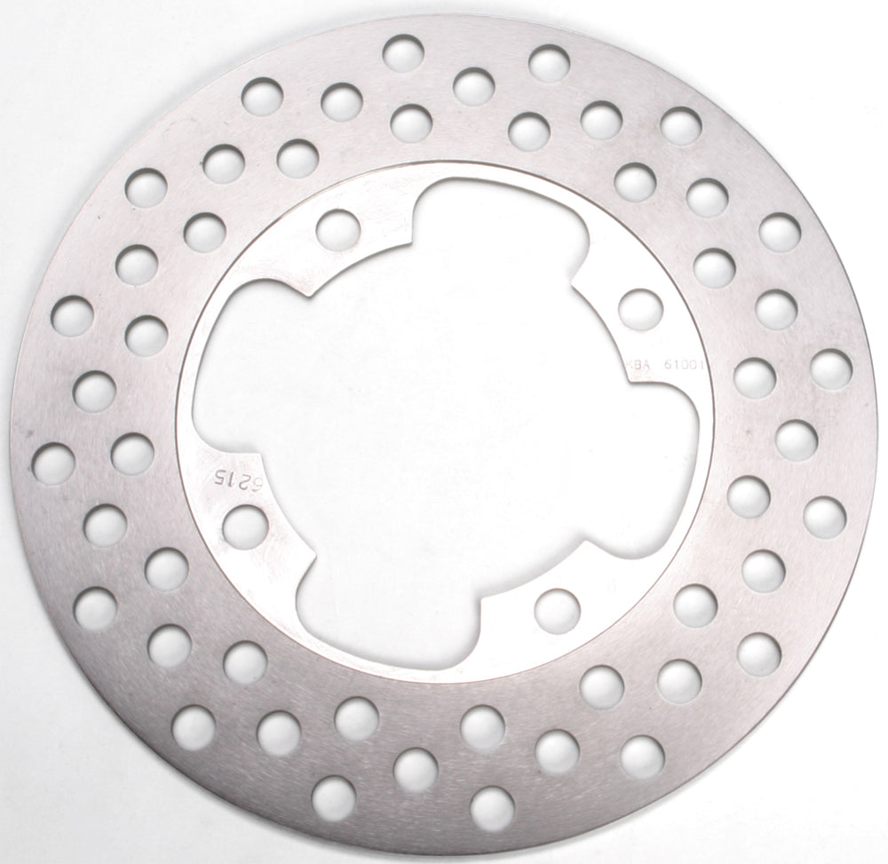 EBC Motorcycle Brakes standard rotor with drilled design, showcasing its metallic surface and ventilation holes for cooling.