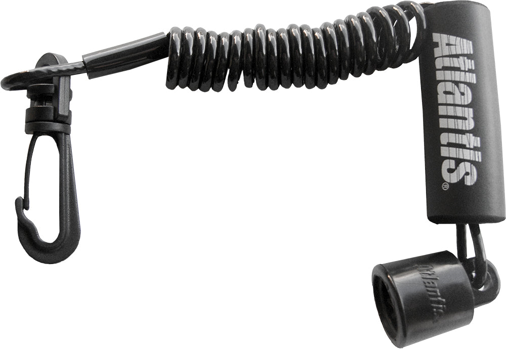 Black Atlantis Atlantis Dess lanyard with adjustable strap and logo, designed for holding ID badges or keys.