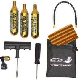 Innovations Tire Repair Inflation Kit with tools for fixing and inflating flat tires, compact and portable for emergency use.