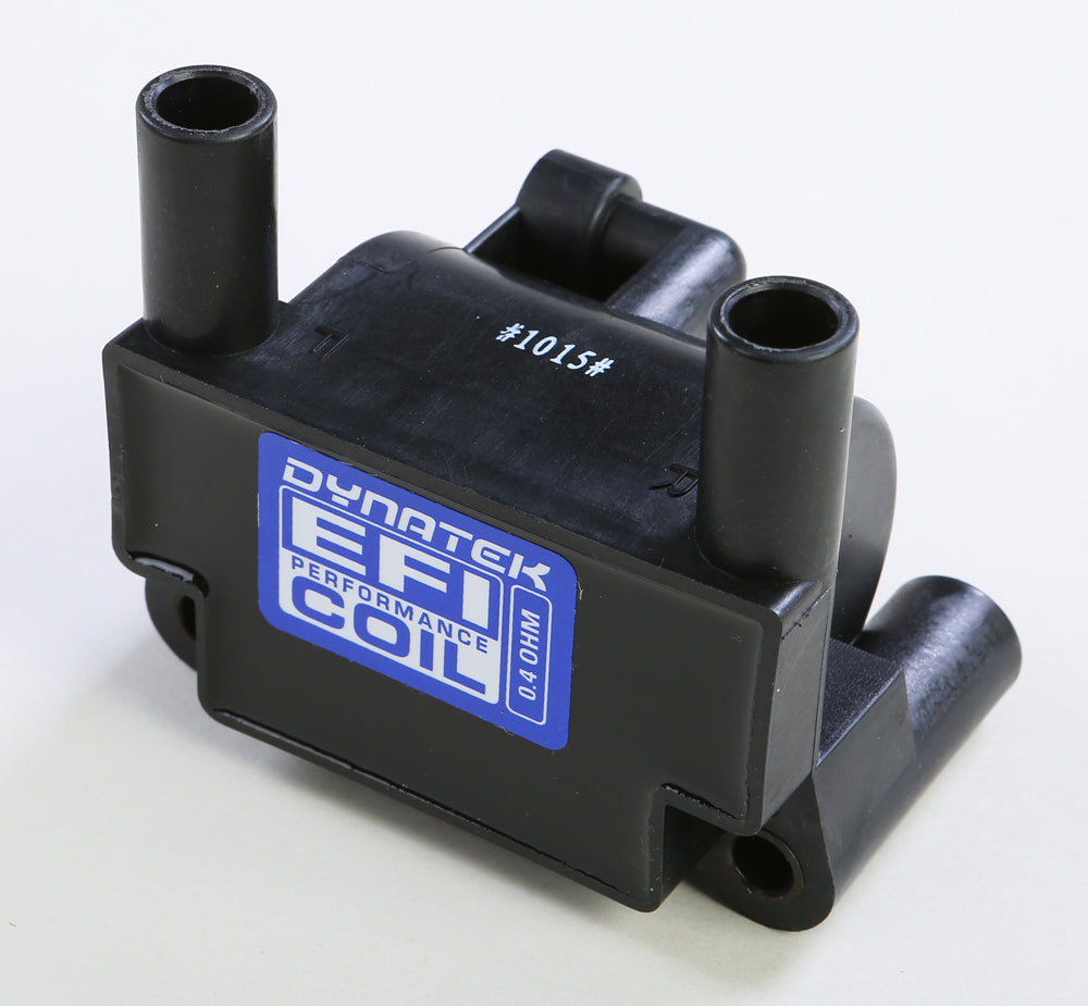 Dynatek .4 Ohm Dual Plug EFI ignition coil for motorcycles, compatible with 2007-2013 models, electrical component with brand logo.